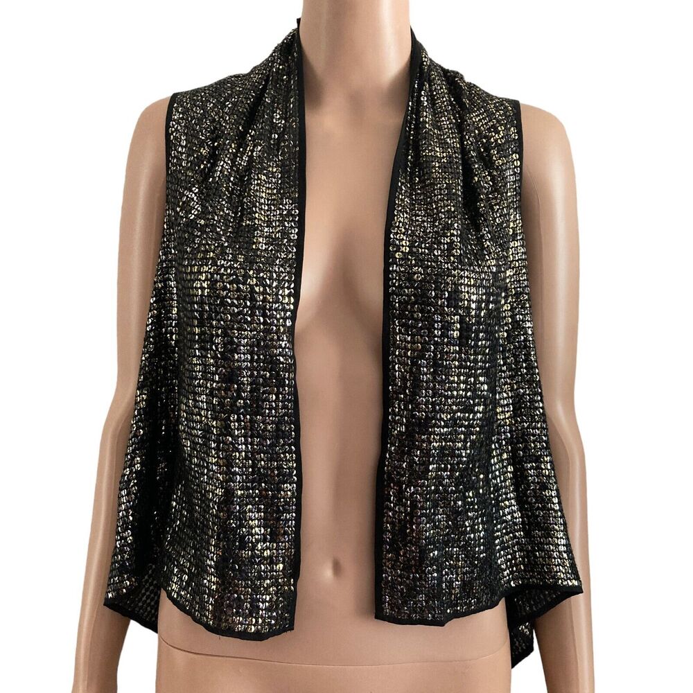 BCBGmaxazria Jacket Silk Womens XXS Sequined Black Gold Open Front Draped